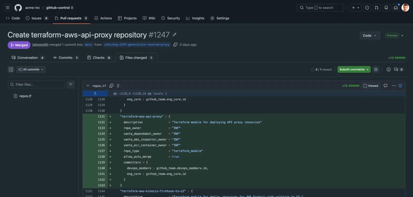 A real pull request adding a new repository — 13 lines of configuration that provision a fully working repo with CI/CD, permissions, and AWS environments