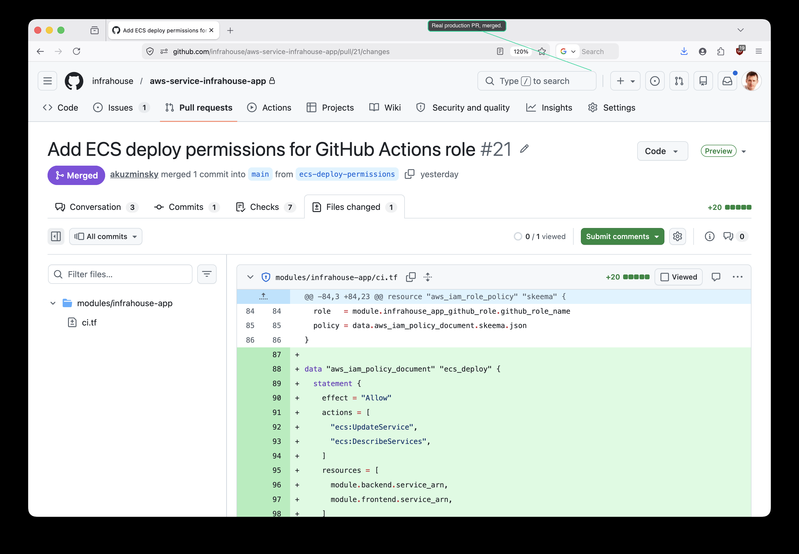 PR #21 context — a merged pull request in aws-service-infrahouse-app