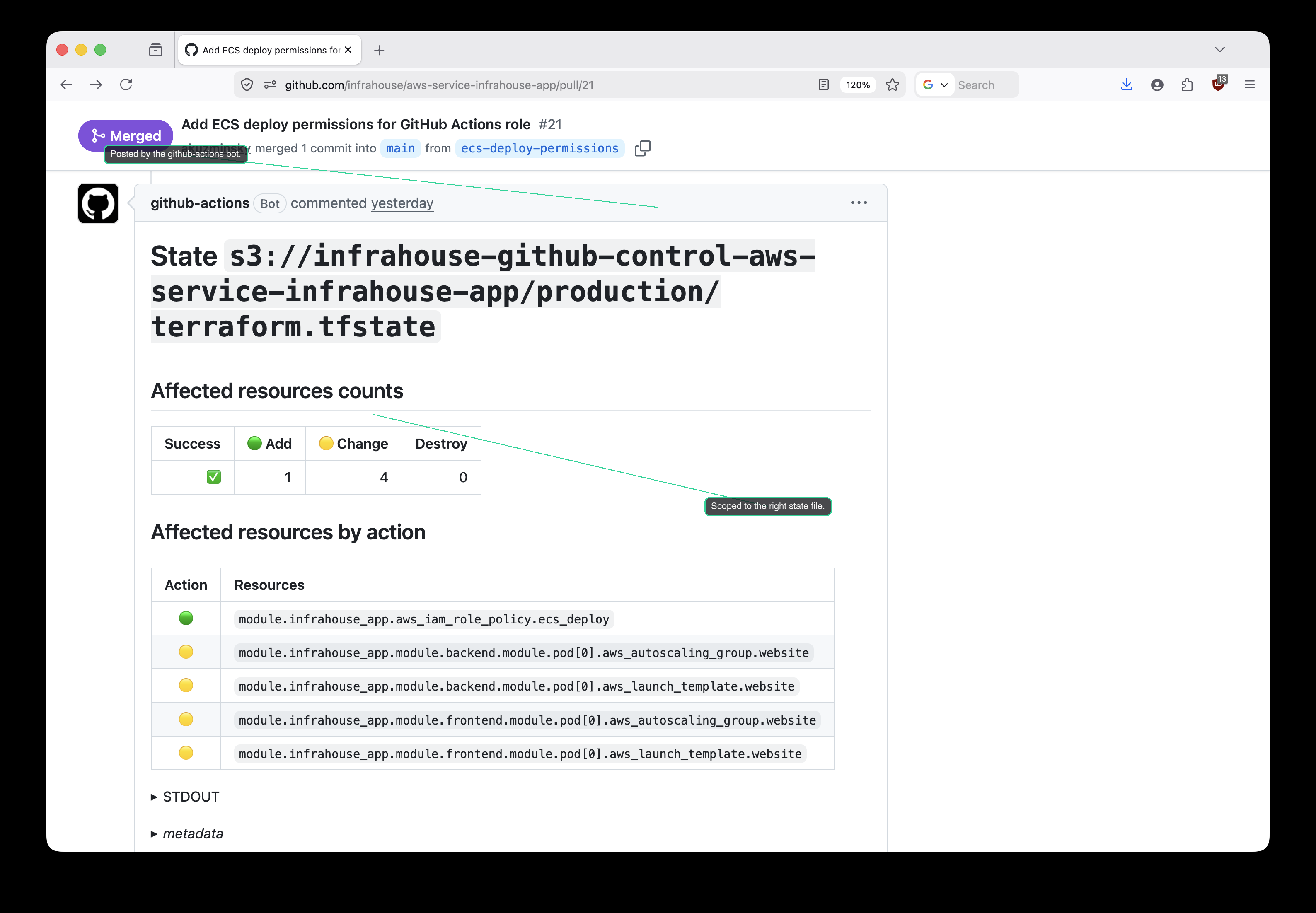 PR #21 ih-plan bot comment — Terraform plan posted on the PR